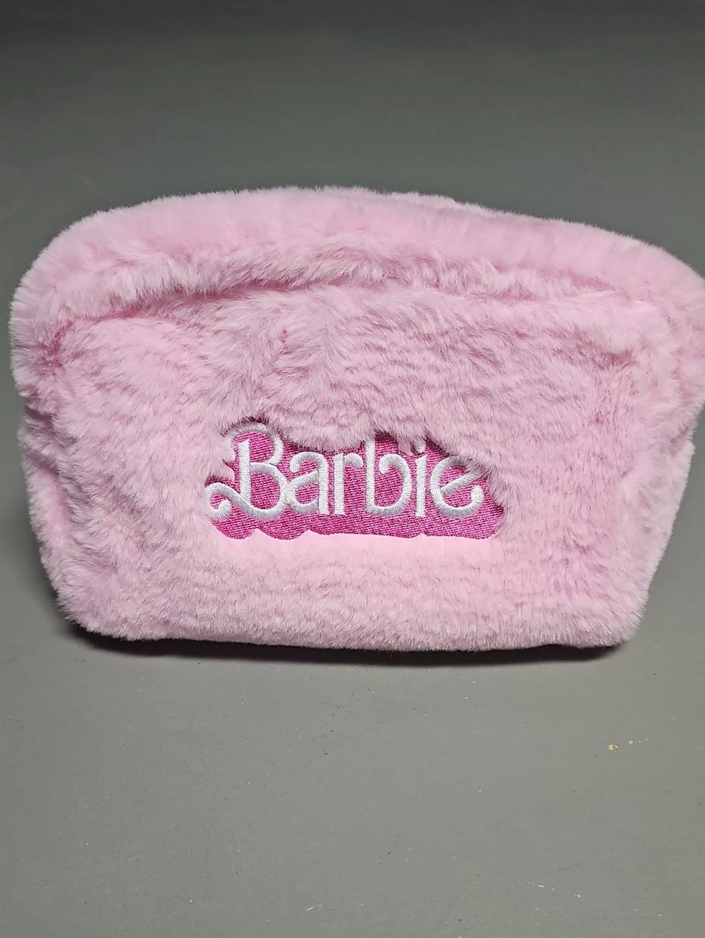 Barbie The Movie Makeup Bag Pink Plush Faux Fur Cosmetic Travel Fleece Pouch